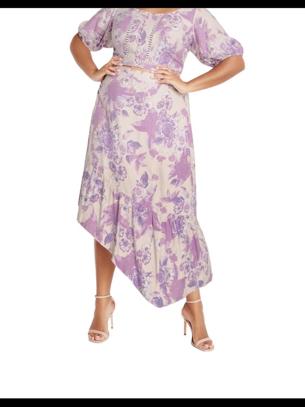 City Chic Lavender Floral High-Low Skirt in Cream